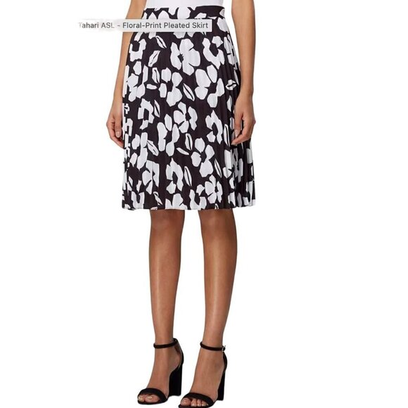 Tahari Arthur S. Levine Women's Pleated Skirt Sz 18 Black White Lined Floral NEW - Picture 2 of 14